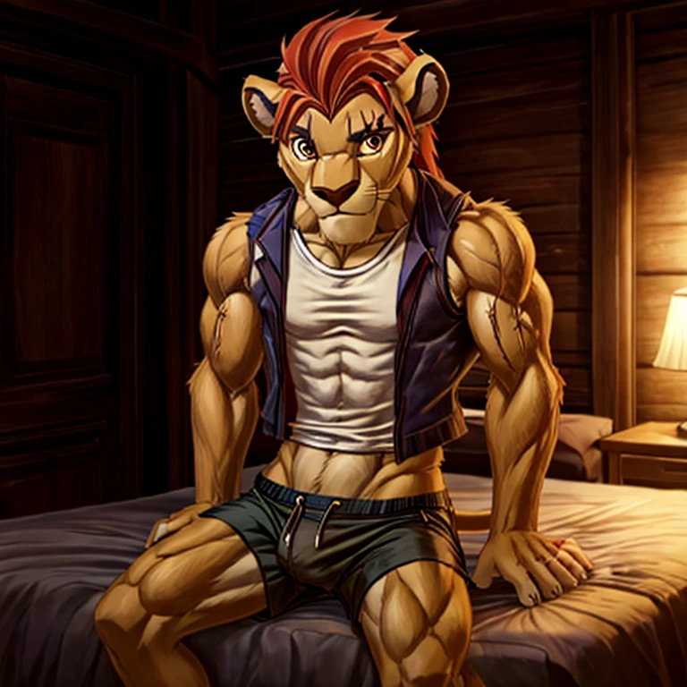 ,Slim, very Slim, very thin waist.masterpiece, detailed, beautiful digital art, masterpiece, 4K, small parts, Anthro, a lion, What, male, ((male род)), good quality anatomy, ((beautiful eyes)), orange eyes, Red Mane, ((beautiful hands, detailed hands)), bedroom, , sitting on the bed , (I look at the viewer), I look at the viewer, whole body, scar, scar on left eye, anime style,Slim, , very thin waist, Cute, muscular. in shorts,, Apparel, In a shirt, ,,Cozy atmosphere,,inflection, big biceps,vest. In shorts,