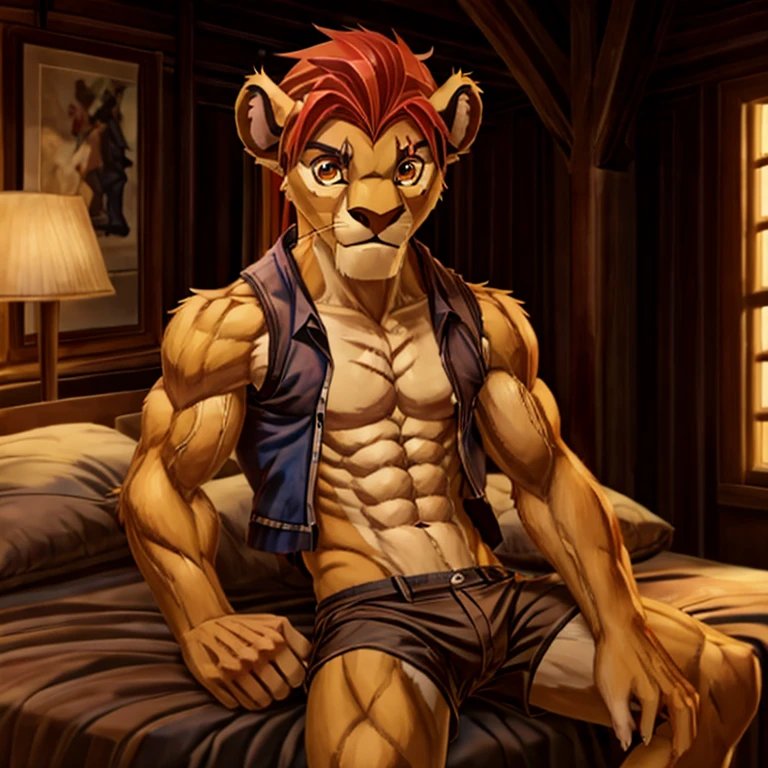 ,Slim, very Slim, very thin waist.masterpiece, detailed, beautiful digital art, masterpiece, 4K, small parts, Anthro, a lion, What, male, ((male род)), good quality anatomy, ((beautiful eyes)), orange eyes, Red Mane, ((beautiful hands, detailed hands)), bedroom, , sitting on the bed , (I look at the viewer), I look at the viewer, whole body, scar, scar on left eye, anime style,Slim, , very thin waist, Cute, muscular. in shorts,, Apparel, In a shirt, ,,Cozy atmosphere,,inflection, big biceps,vest. In shorts,