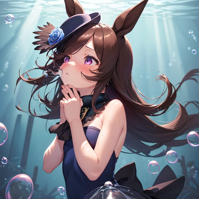 ((masterpiece)), ((best quality)), ((highres)), ((detailed background)), ((extremely detailed CG unity 8k wallpaper)), ((anatomically correct)),

(navy blue school swimsuit),
r1cesh0wer, fur collar, horse tail, horse girl, purple eyes, hair over one eye, brown thighhighs, hat flower, flaming eye,

(looking up:1.5),(floating:1.3),
(hands up),
(bends both knees),
(opens her legs from side to side),

(drowned:1.5),
(blush:1.3),
(half-open eyes in lost consciousness:1.3),
(open her mouth in lost consciousness:1.3),

(underwater:1.5),
(inside a cage:1.5),
(The ceiling is window with iron grille:1.3),

(blowing in the wind:1.5), 
(A lot of small bubbles:1.5), 
(small bubbles around the body:1.5),

full body,

(Dutch Angle:1.3),
(depth of fields:1.3), 
(god rays:1.5)