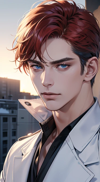 (best quality, masterpiece, 8K, photorealistic, cinematic lighting, 1:4 hdr image, ultra detailed, beautiful image), a mature man, 34 years very handsome, ((cold expression)), short red hair, blue eyes, face perfect without mistakes, ((buttoning his jacket, CEO))