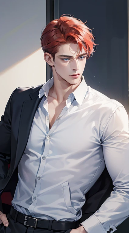 (best quality, masterpiece, 8K, photorealistic, cinematic lighting, 1:4 hdr image, ultra detailed, beautiful image), a mature man, 34 years very handsome, ((cold expression)), short red hair, blue eyes, face perfect without mistakes, ((buttoning his jacket, CEO))