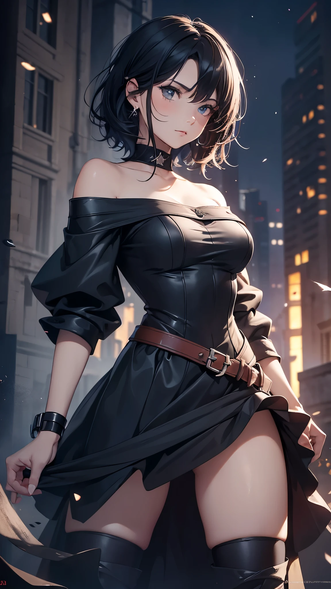 (One 18-year-old woman),(wizard),(short black hair),(messy hair),(wavy hair),(dark), [nervous eyes],(sexy fashion, off shoulder, maxi length skirt, boots),(best quality, 4k, 8k, highres, masterpiece:1.2), ultra-detailed,(realistic, photorealistic, photo-realistic:1.37),(fantasy, magic, mystical, enchanting), (dramatic lighting), (moody, somber), (deep rich colors)