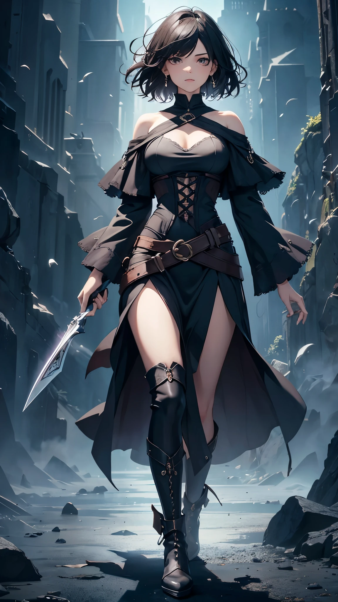 (One 18-year-old woman),(wizard),(short black hair),(messy hair),(wavy hair),(dark), [nervous eyes],(sexy fashion, off shoulder, maxi length skirt, boots),(best quality, 4k, 8k, highres, masterpiece:1.2), ultra-detailed,(realistic, photorealistic, photo-realistic:1.37),(fantasy, magic, mystical, enchanting), (dramatic lighting), (moody, somber), (deep rich colors)