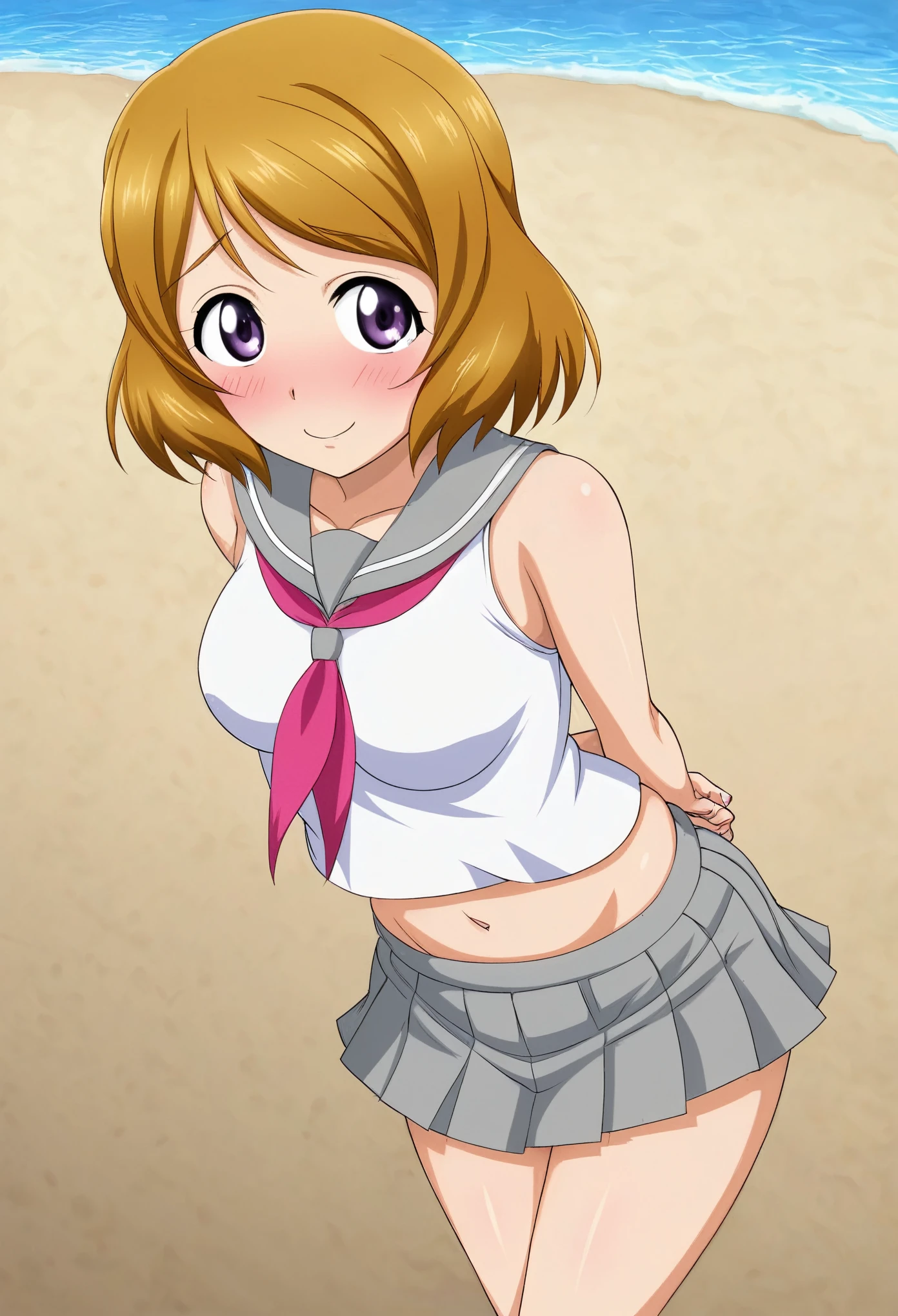 Masterpiece, best quality, hentai style,solo , Hanayo Koizumi, purple eyes,blush, skirt, sleeveless, pleated skirt, serafuku, grey skirt, tight white top, uranohoshi ,beach, thighs, skindentation , shy ,shy pose , arms behind back,midriff , standing , pervert smile , wide hips ,(skirt pulled down:0.9)