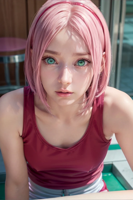 young woman, short shoulder-length pink hair, wide forehead, porcelain skin, pink eyebrows, big emerald green eyes, oned nose, full lips, heart-shaped face, slender body, small bread tank top, Sakura Haruno , realistic, realism, details, 3d, well detailed