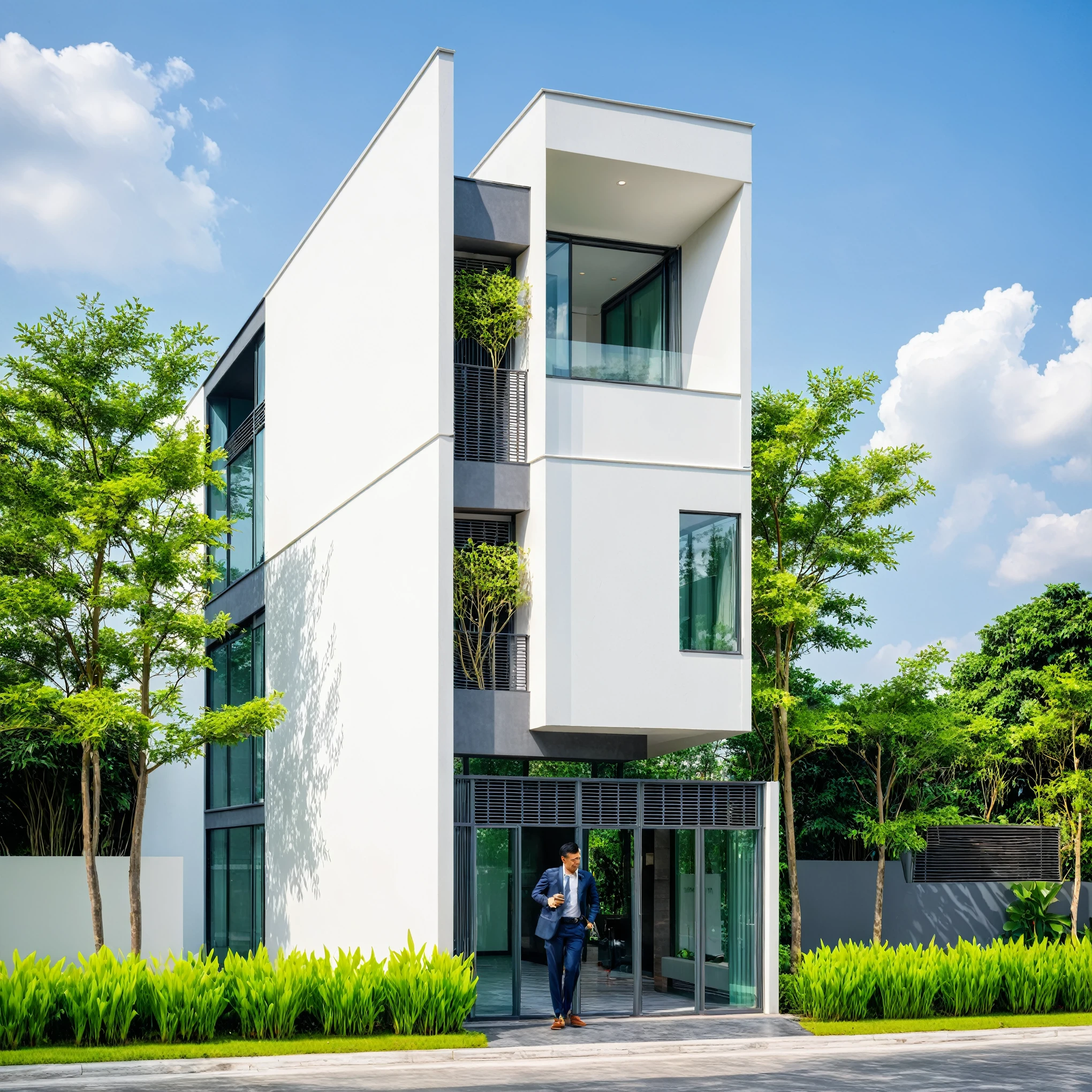 A modern minimalist style single-story villa with a flat roof, white walls and glass windows in Vietnam is surrounded by green lawns, ((road)), ((sidewalk)), ((sidewalk trees)), The overall architectural design features clean lines and simplicity, creating an elegant atmosphere. Use professional photography techniques to capture details and highlight the unique architecture of contemporary luxury houses in the style of minimalism