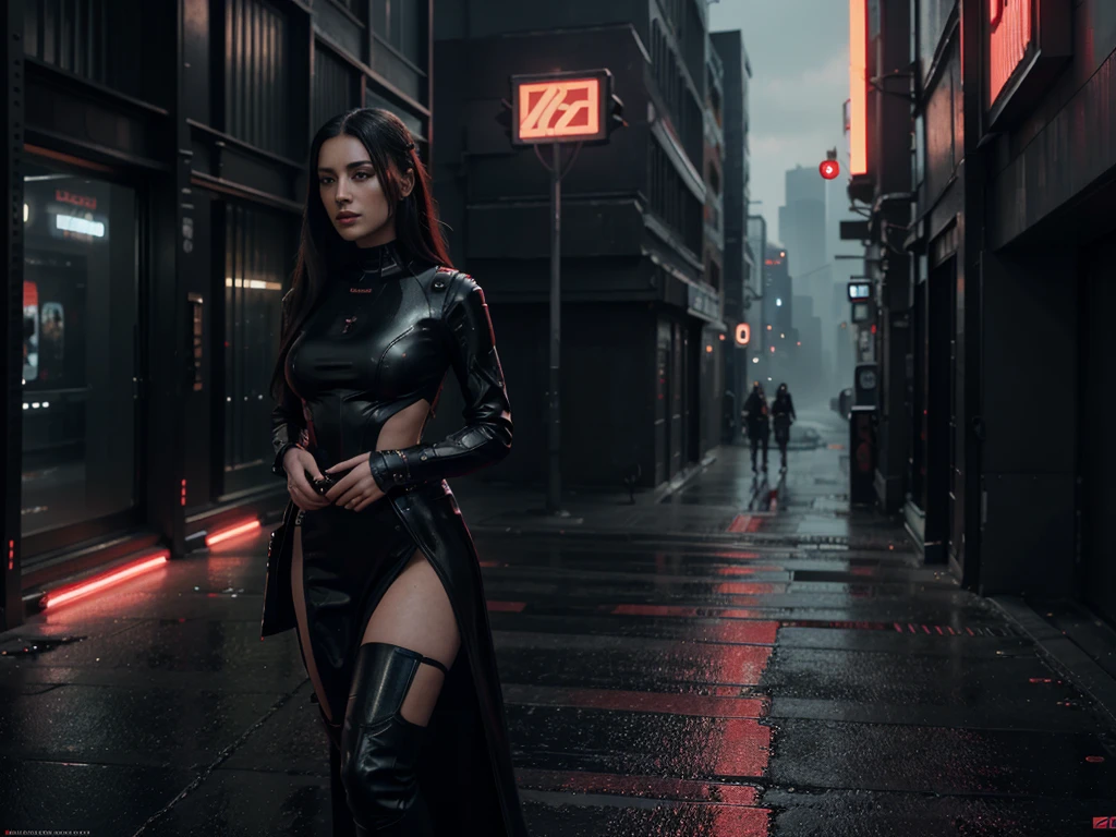 a full body woman with a black and red dress, 4k highly detailed digital art, 4k detailed digital art, realistic digital art 4k, realistic digital art 4 k, stunning digital illustration, portrait beautiful sci - fi girl, portrait of a sci - fi woman, digital artwork 4 k, the cyberpunk girl portrait, beautiful cyberpunk girl face, epic portrait illustration  