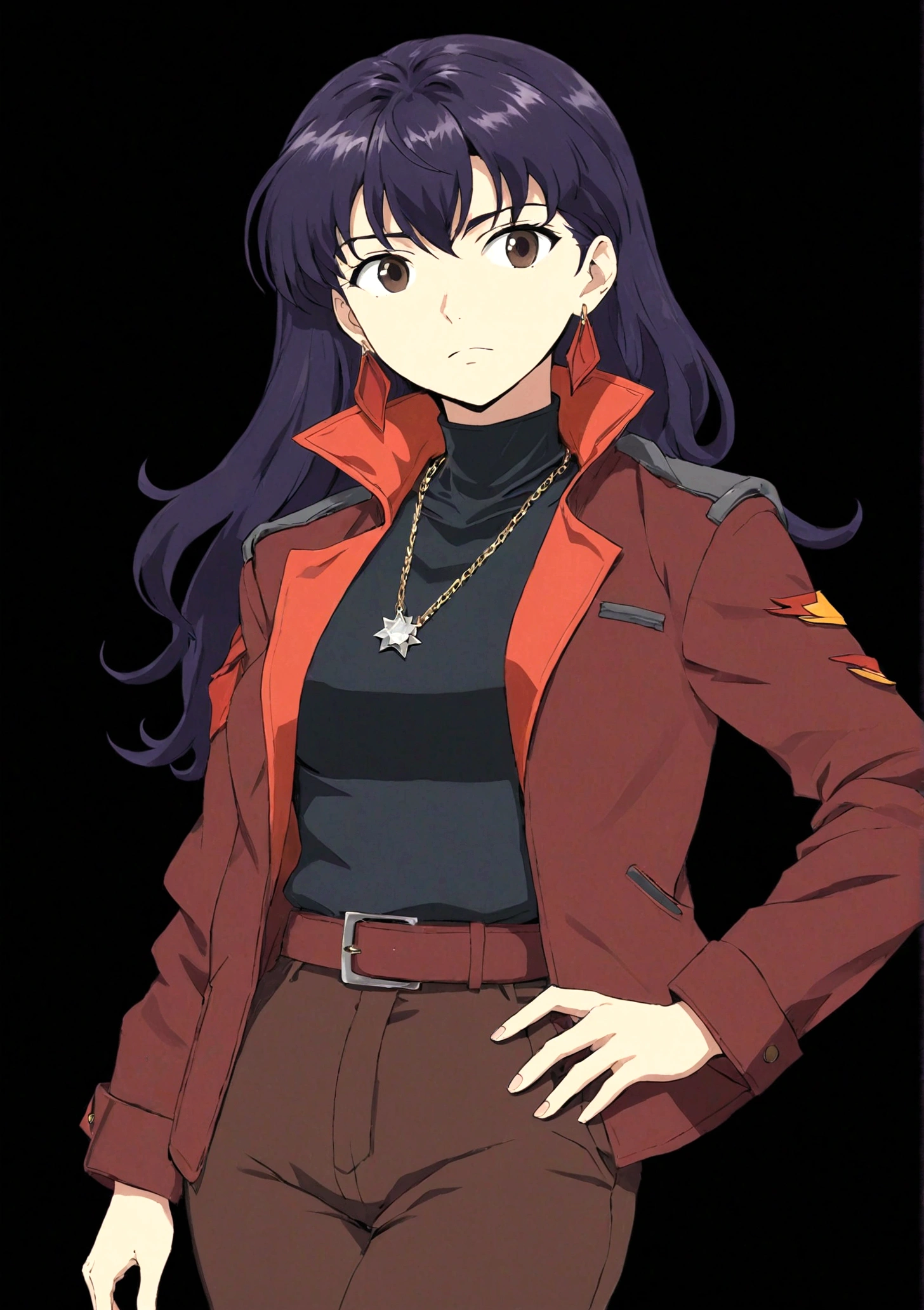1 Girl,belt,black background,十字架necklace,earrings,Akimbo,jacket,Jewelry,katsuragi misato,Long hair,necklace,Transparent Background