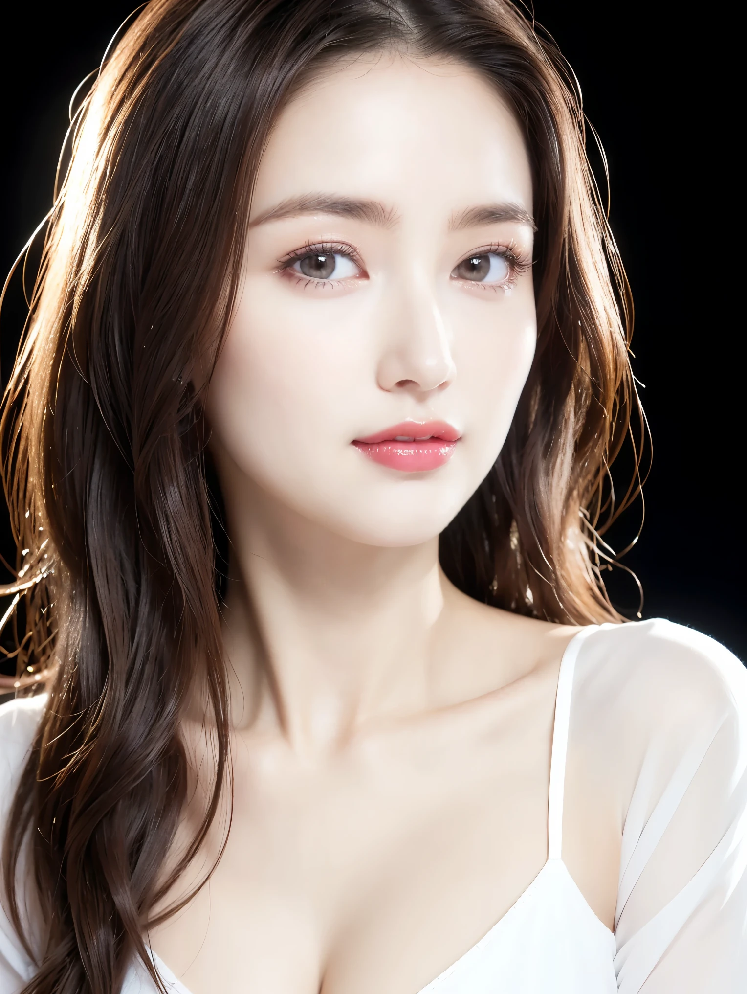 (highest quality、Tabletop、8k、Best image quality、Award-winning works)、One beautiful woman、Beautiful and elegant long hair、Beautiful black hair、(alone:1.1)、(The perfect black V-neck long sleeve knit:1.4)、(The simplest white background:1.4)、とてもBig Breasts、Accentuate your body lines、Beautiful and exquisite、look at me、(Perfect Makeup:1.1)、Bright lipstick、Ultra-high definition beauty face、Ultra HD Hair、Ultra HD Shining Eyes、Ultra High Resolution Perfect Teeth、Super high quality glossy lip、Accurate anatomy、Very beautiful skin、Glowing skin in ultra-high resolution、An elegant upright posture when viewed from the front、(very bright and vivid:1.2)、(Slender body:1.2)、(Cleavage:1.1)、(Big Breasts:1.1)、Shiny, Bright lipstick、(Face close-up:1.2)、(55 year old mature woman:1.4)、(Wrinkled adult face:1.5)、