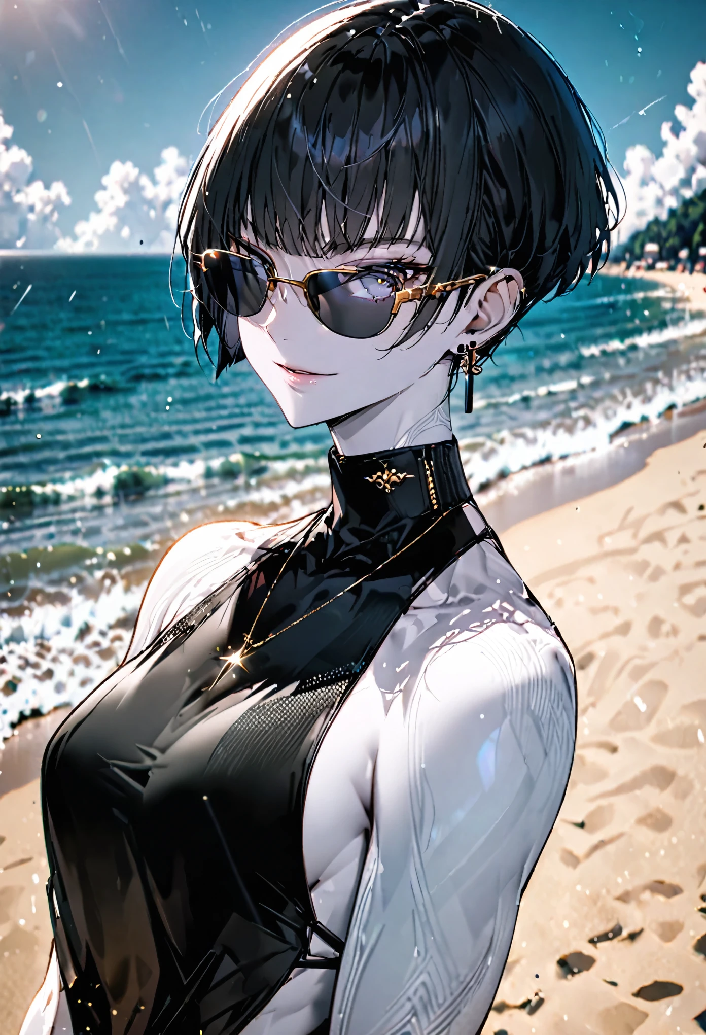 solo, female, tall, elegant, sunglasses, bodyguard, broad shoulders, pixie cut, black hair, pale skin, athletic, very tall, sober bikini, black clothes, small smile, medium shot, luxurious beach, classy, professional, earpiece, cybernetically enhanced, muscular