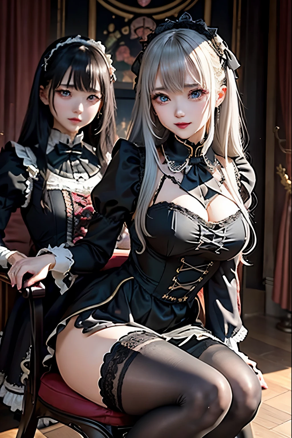 ハードDark Gothicメイク、Deep Night Sky、Horror、Black dark eyeshadow、sad、Good skin radiance、Dark Gothicメイク、Dark smile、palace、24-years-old、Embarrassed look、Dark Gothic、Obscene language、highest quality、Drunk face、紫のMaid clothes、Mysterious、Noble、sexy、Loving smile、Right blue eye, Left eye is red、Platform Heel Shoes、Heavy makeup、Gothic ta Clothing、Silver Hair、Long Hair Straight Hair、Cute Gothic Loliress、Beautiful Face、elegant features、Fascinating face、Stained glassが背景、Chest glistening with sweat、The room is dark、gothic long dress、Bell Sleeves、Wizard Sleeve、Decadent look、Sexually excited expression、Glossy thighs wet with water、Thighs that are wet and shiny with oil、Background of a room full of roses、The embroidery is pink、The dress has pink embroidery、Thigh-high socks、Knee-high socks、Gentle expression、Dark black eyeshadow、Stained glassと薔薇背景、Female Duo、Female couple、dark church background、Stained glass、Black metal world、Dark Castle、Slender body、gothic long dress、Maid clothes、Victorian dresses、Her thighs glisten with sweat、My body is wet and shiny、Lots of glitter on the thighs、My thighs are sticky from sweating、Sweat glistens on the thighs, The whole body is sweaty and shiny、Quite sweaty、My thighs are sweaty、My thighs are so wet、My thighs are shining with sweat、A lot of sweat glistens all over the body、Small breasts、Orchestra StageStage、Dynamic Angle、sitting on a gothic chair、Play the violin gracefully、With a violin、Press the violin strings、violinist、orchestra performance、Thin thighs、slender、Violin body and strings、Sit on a chair、pantyhose、Hime cut straight hair、