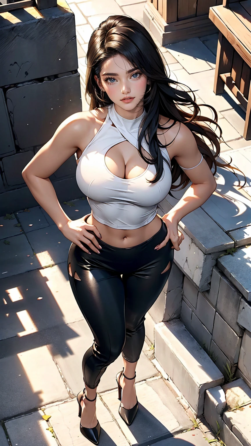 24-year-old female、Semi-long hair、Hair becomes wavy、Sexy proportions、Front cutout((front cutout))Wear a top from、Wear leggings with cutouts、Wear stiletto heels、smile、Please put your hands on your hips、Old concrete wall background、Sunlight from directly above、nipples showing through clothes