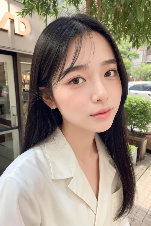 Super super realistic、high quality、Super detailed、Ultra-high resolution、Black Hair、Long Hair、The Beauty of Japan、No makeup、double、Wide-set eyes、Sensual eyes、Sleepy eyes、Apple Cheeks、Alabaster peel、Thin eyebrows 、tooth、Apply blush all over the face、Sticking out tongue、Mole under the mouth、Half-closed eyes、Hollow Eyes、envy、20 year old raising his leg、Height: 155cm、three size: 85.57.79、Starbucks crew、
