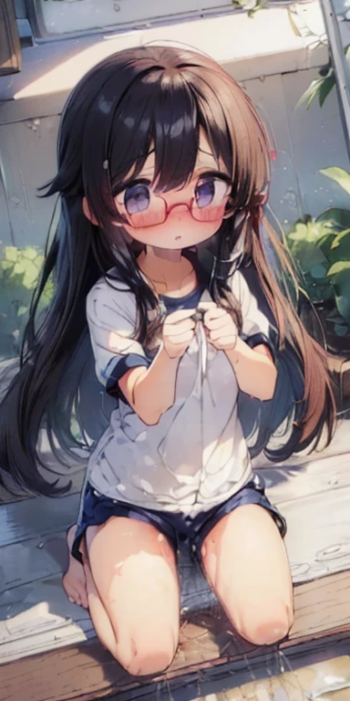 ((orgasm)、blush、Convulsions、Watery eye、Gym suit、Navy blue shorts、Big red round glasses、Love juice、girl is peeing:1.4)