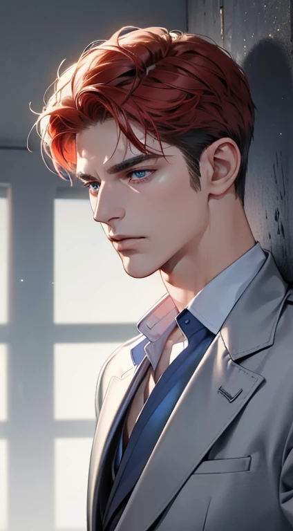 (best quality, masterpiece, 8K, photorealistic, cinematic lighting, 1:4 hdr image, ultra detailed, beautiful image), a mature man, 34 years very handsome, ((cold expression)), short red hair, blue eyes, face perfect without mistakes, ((buttoning his jacket, CEO))