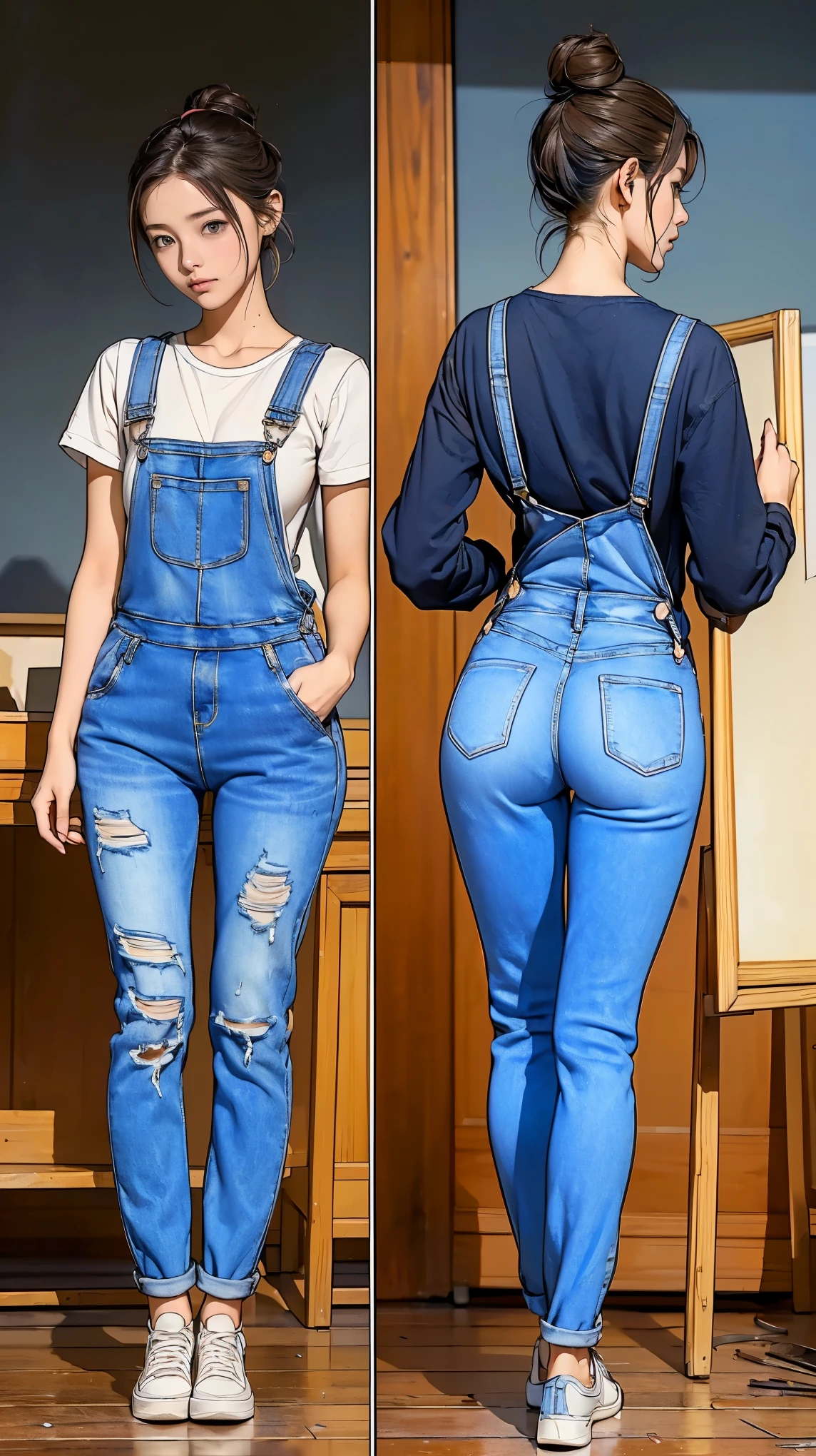 ((masterpiece)),(((highest quality))),((Reference Sheet, Character Design, front, return, ~ ~ side, Mr..々Hairstyle, Mr..々Performance, Facial Expressions)), -yeld gi Cute type, (Very slim:1.4), (Very small ass:1.4), Realistic buttocks, Big Breasts, Short Bob, Thin thighs, Long legs, It's not a big deal, ((Beautiful artist in jeans overalls、After painting on a large canvas、Relax in the art studio。, sneakers, 19th century Parisian artists, Messy hair bun)), ((Browsing Caution:1.0))