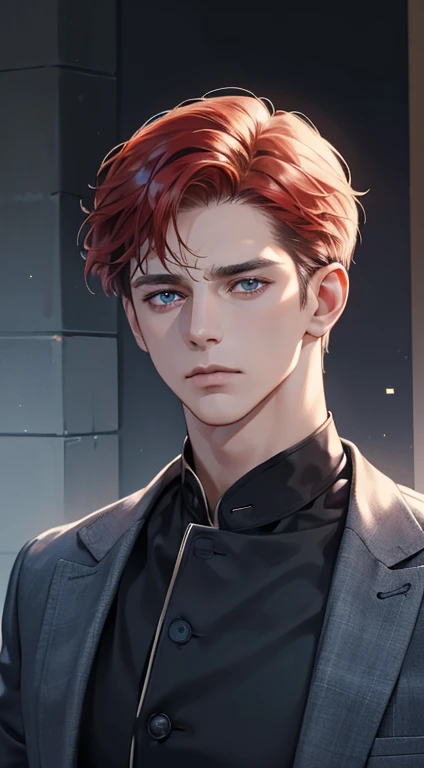 (best quality, masterpiece, 8K, photorealistic, cinematic lighting, 1:4 hdr image, ultra detailed, beautiful image), a mature man, 34 years very handsome, ((cold expression)), short red hair, blue eyes, face perfect without mistakes, ((buttoning his jacket, CEO))