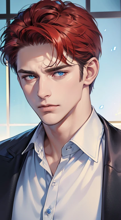 (best quality, masterpiece, 8K, photorealistic, cinematic lighting, 1:4 hdr image, ultra detailed, beautiful image), a mature man, 34 years very handsome, ((cold expression)), short red hair, blue eyes, face perfect without mistakes, ((buttoning his jacket, CEO))