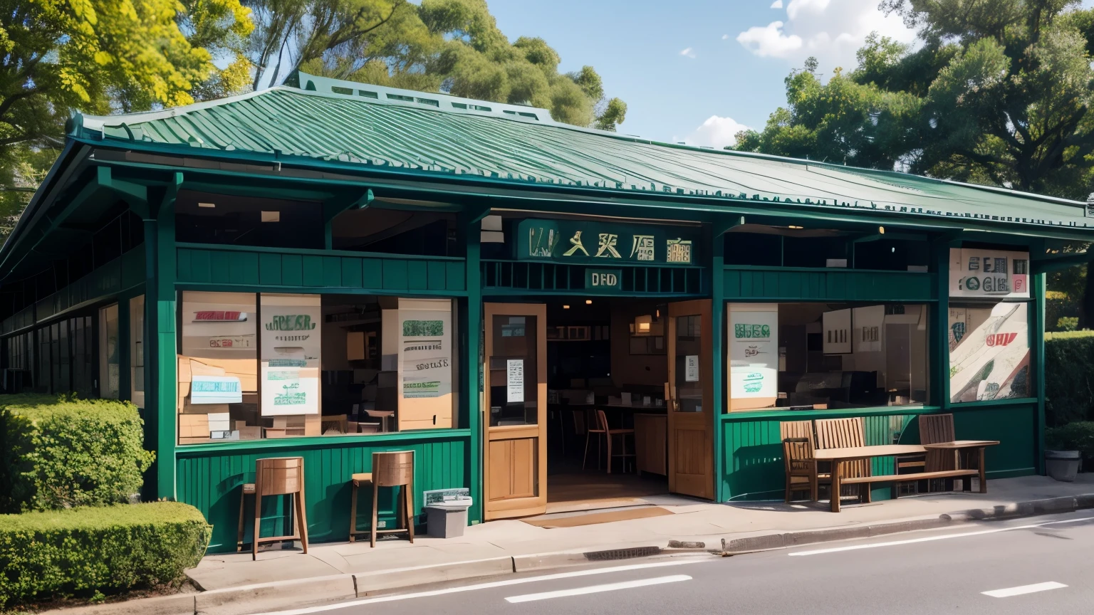 A stylish chain cafe。Its appearance。Green tree々Surrounded by。