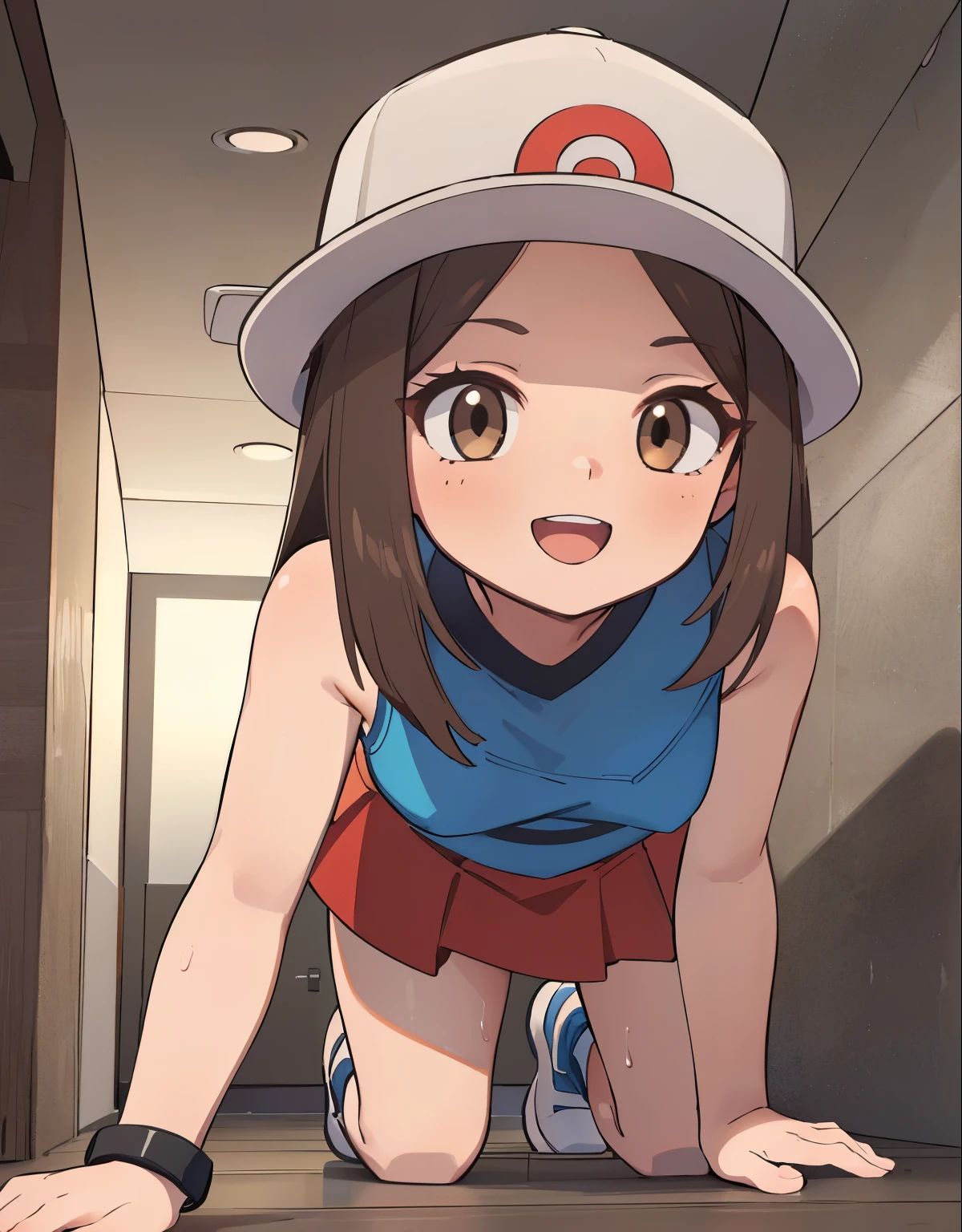 (best quality,4k,8k,highres,masterpiece:1.2),ultra-detailed,(realistic,photorealistic,photo-realistic:1.37)highres,portrait,beautiful girl, ultra-detailed, realistic:1.37, sketches, 1trainerleaf1, full body, sleeveless shirt, black wristbands, visible thighs,red skirt,blue shirt, loose socks, white footwear,sexy pose,smile,upskirt,white panties,brown hair, hat, brown eyes,beautiful detailed eyes,long lashes,beautiful eyes, anime style eyes, perfect hands, dinamic pose, loved look, open mouth, sticking out tongue, smile, encanto fe******, pokeballs, a girl crawling inside a ventilation tunnel, view from behind, detailed face and hands, extremely realistic, 8K, highly detailed, photorealistic, intricate details, ambient occlusion, cinematic lighting, dramatic shadows, moody atmosphere, warm color tones, beautiful texture, intricate mechanical patterns, claustrophobic environment, dramatic lighting, intense detail, hyper-realistic, cinematic camera angle, depth of field, high quality, masterpiece