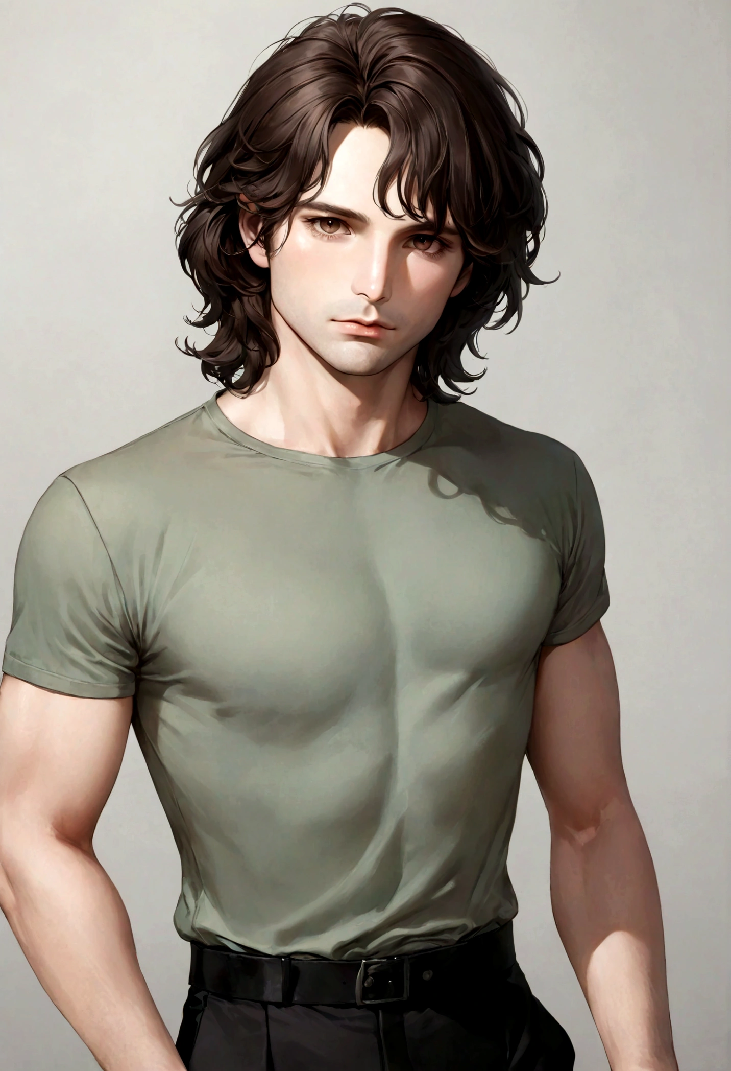 (traje de etiqueta para hombre), ), (con poca barba,) (ojos color cafe claro), Aspecto atractivo y serio, Dark brown hair, Elegante y con estilo, Camiseta de cuerpo fuerte afeitada, Un hombre similar al actor Jim Morrison, (Imagen realista y de alta calidad), Apartamento escandinavo en el fondo simple de un cuarto, ((La mejor calidad, 8K, obra maestra).((pose dinamica))