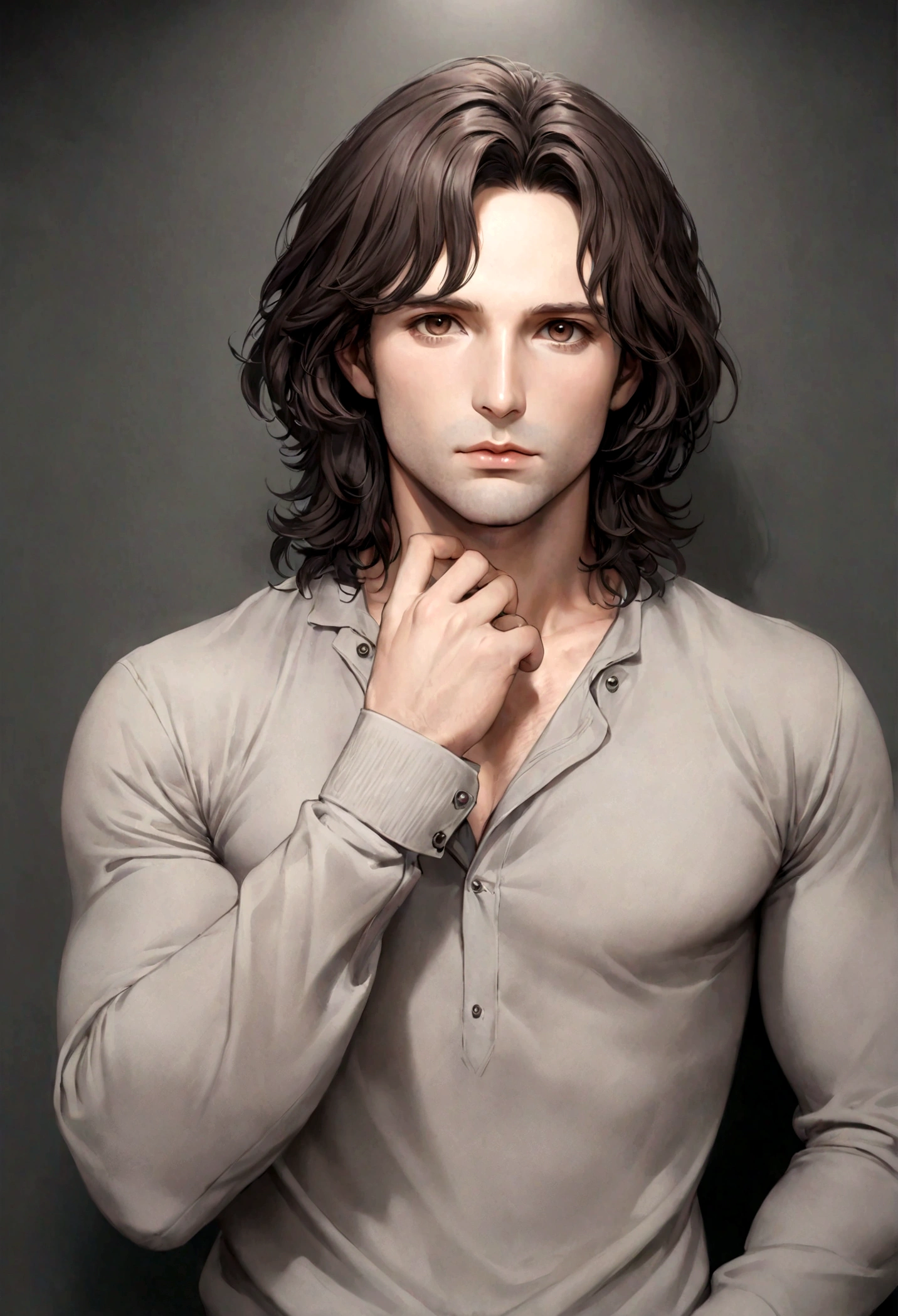 (traje de etiqueta para hombre), ), (con poca barba,) (ojos color cafe claro), Aspecto atractivo y serio, Dark brown hair, Elegante y con estilo, Camiseta de cuerpo fuerte afeitada, Un hombre similar al actor Jim Morrison, (Imagen realista y de alta calidad), Apartamento escandinavo en el fondo simple de un cuarto, ((La mejor calidad, 8K, obra maestra).((pose dinamica))