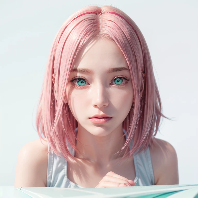 young woman, short shoulder-length pink hair, wide forehead, porcelain skin, pink eyebrows, big emerald green eyes, buttoned nose, full lips, heart-shaped face, slender body, small breasts, red tank top, Sakura Haruno , realistic, realism, details, 3d, well detailed