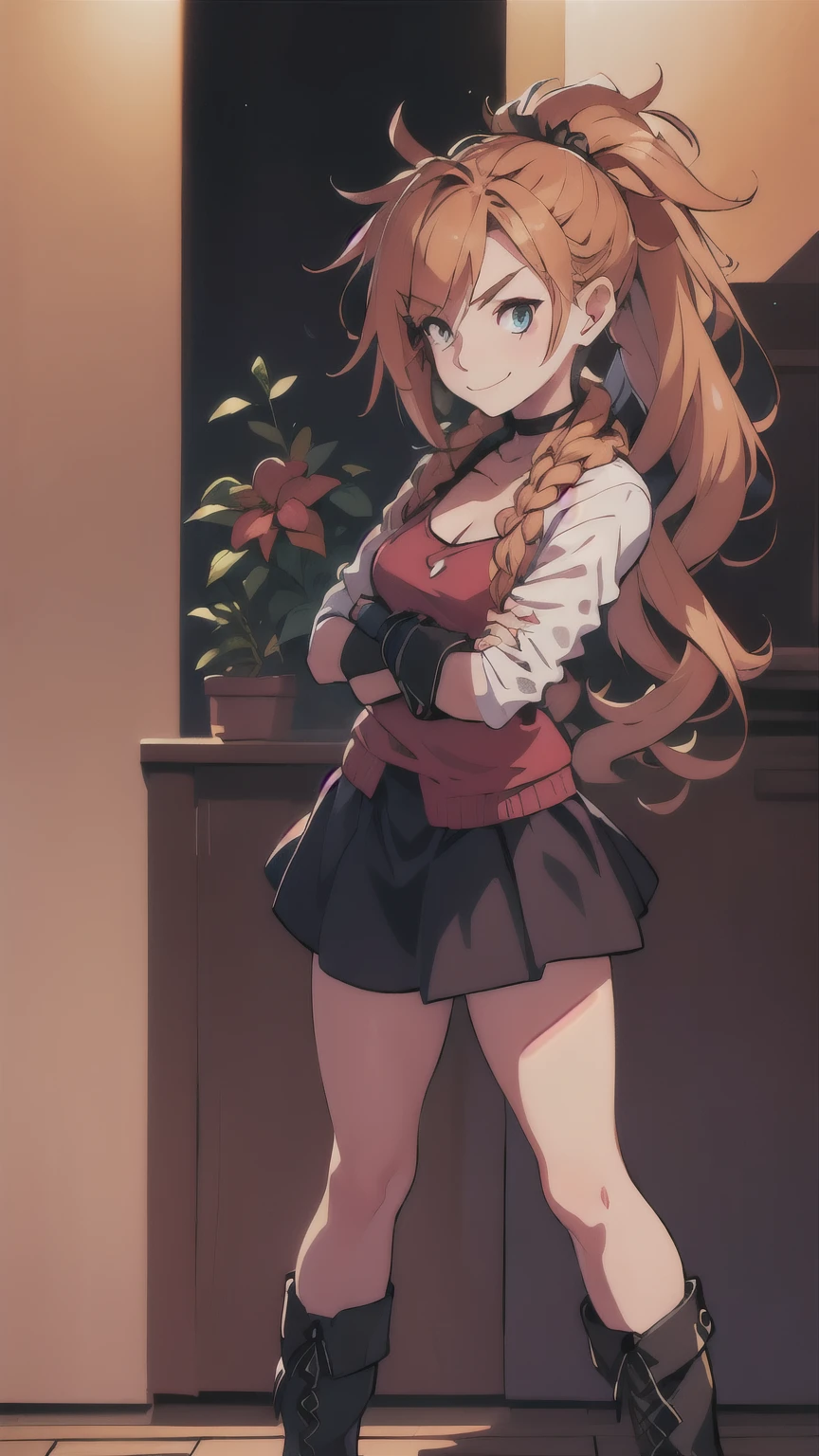 (best quality:1.2),solo,1girl,mdrin,smile,looking at viewer,crossed arms,ponytail,v-shaped eyebrows,white jacket,red shirt,fingerless gloves,black skirt,choker,illustration,floral garden background,warm color tones,soft lighting, Hair over one eye, ultra long hair, standing on hooftop, long boots