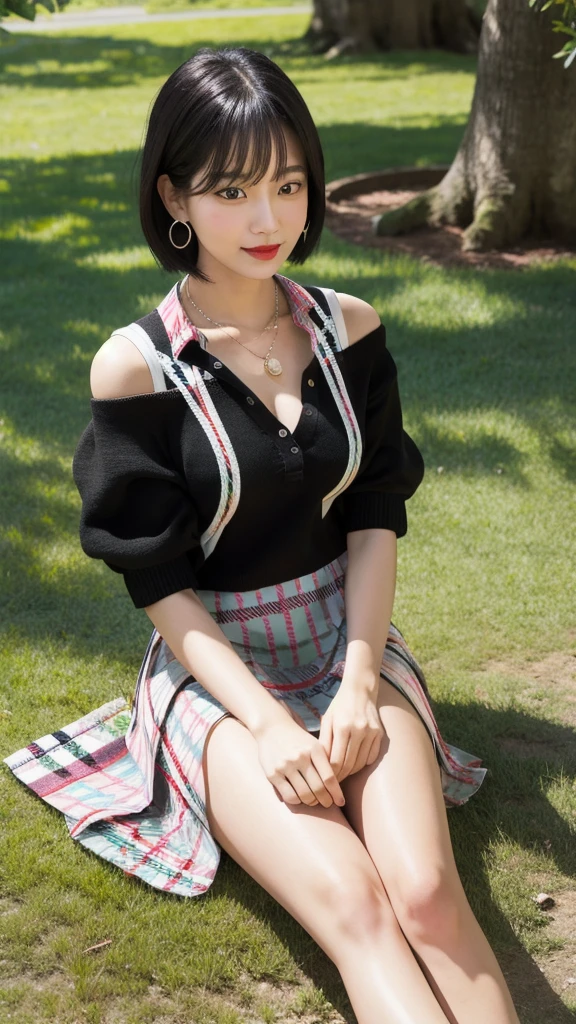 (8k, Photorealistic, Raw photo, Highest quality: 1.4),Japanese idol-style beautiful girl,1 person,18-year-old,Hairstyle(Very Short Bob,Black),She has her hair tucked behind her ears,Wear a small pearl earring in your ear,Big, clear grey eyes,Long eyelashes,Plump Cheeks,She has pink lipstick on her lips,Apply gloss over your lipstick for glossy, plump lips,Smiling,A short pendant is hanging around her neck,Blackのマニキュアを両手の爪に塗っている,Blackのマニキュアを両足の爪に塗っている,Off-shoulder summer knitwear(White :1.7)Wearing it on bare skin,I can see her cleavage,(Pleated skirt(Plaid,Black :1.7)Wear),(barefoot),(On the grass under the tree in the park),(Sit with your legs apart),Hands placed between legs,She is surrounded by the gentle sunlight filtering through the trees.,Angle from the front,whole body ports