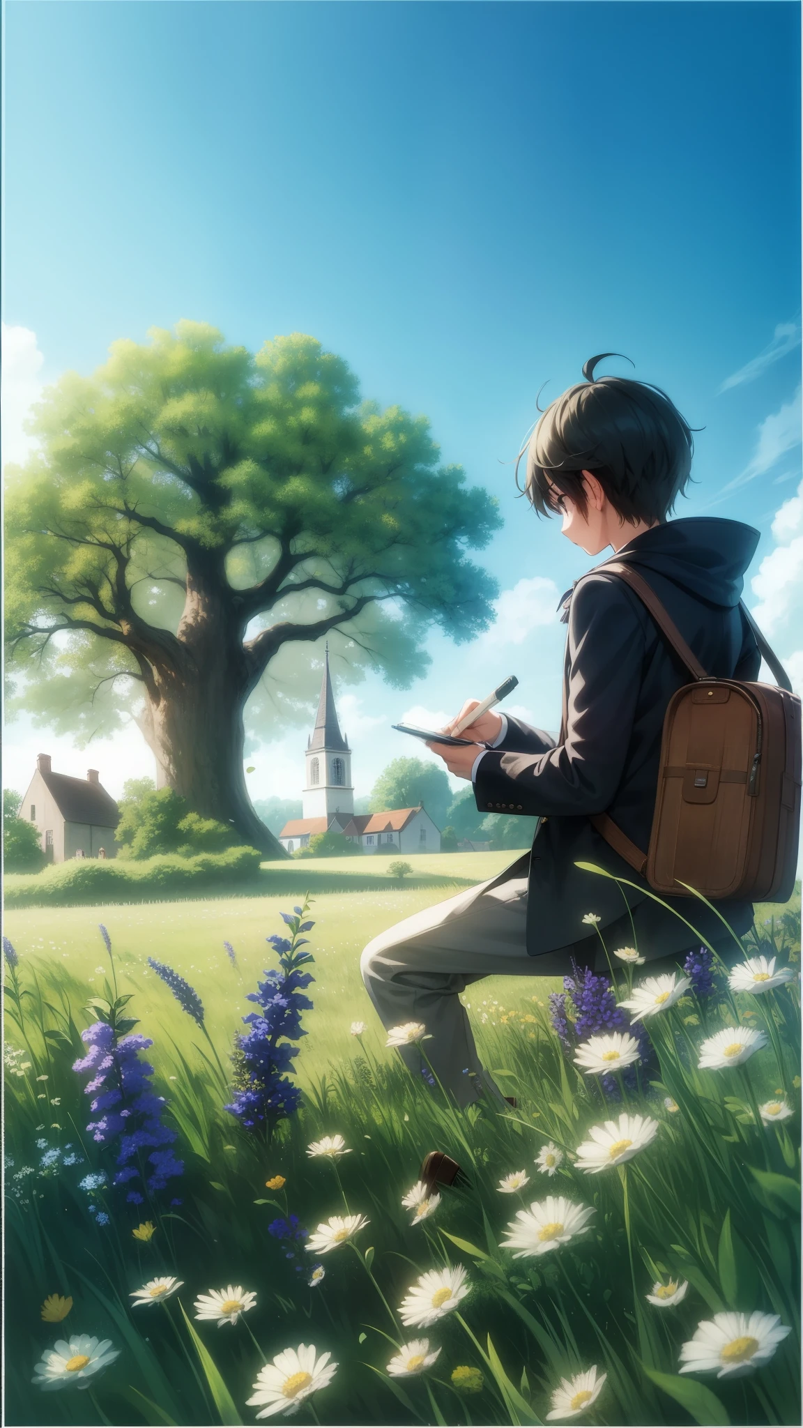 A lone teenager sketching a majestic old oak tree in a field of wildflowers, with a quaint village church steeple visible in the distance. English countryside, peaceful, serene, detailed. 