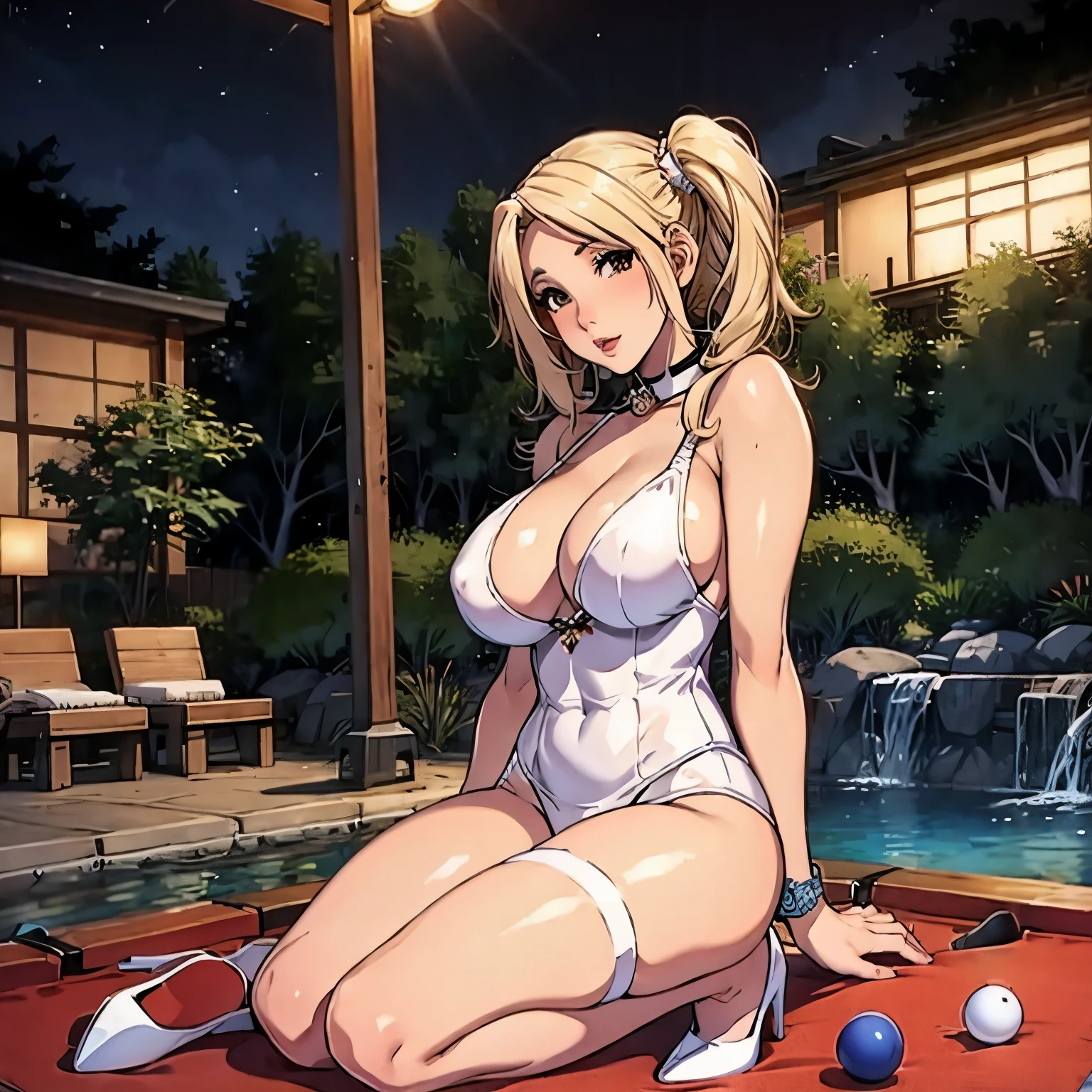 1 girl, pelo rubio, blonde hair, coletas,pigtails, pechos, breasts, huge breasts, uniforme colegiala, billar, pool, calcentines, shocks, tacones, hig heels, japon, tokio, night, noche, Kenzy Reeves