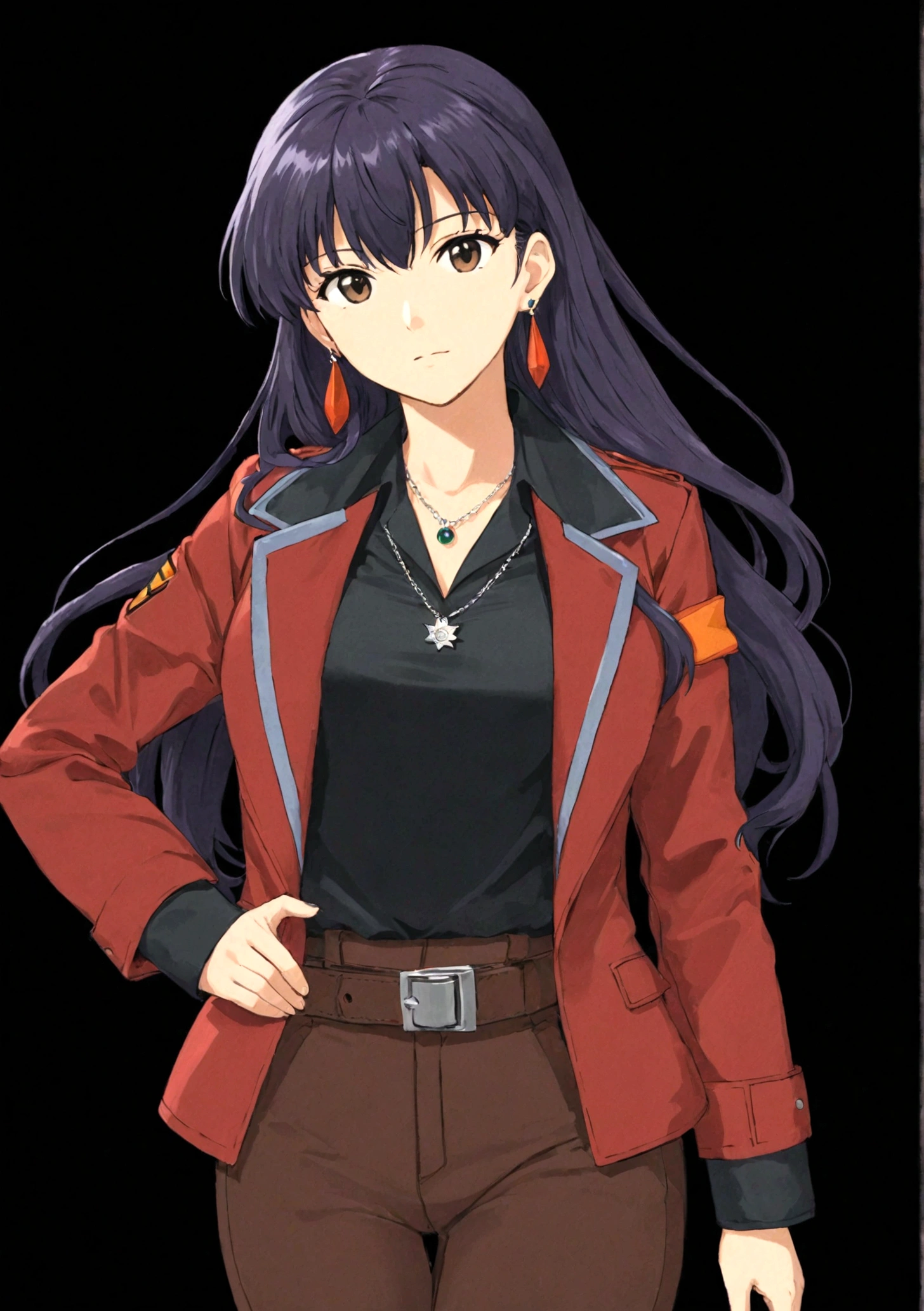 1 Girl，belt，black background，十字架necklace，earrings，Akimbo，jacket，Jewelry，katsuragi misato，Long hair，necklace，Transparent Background