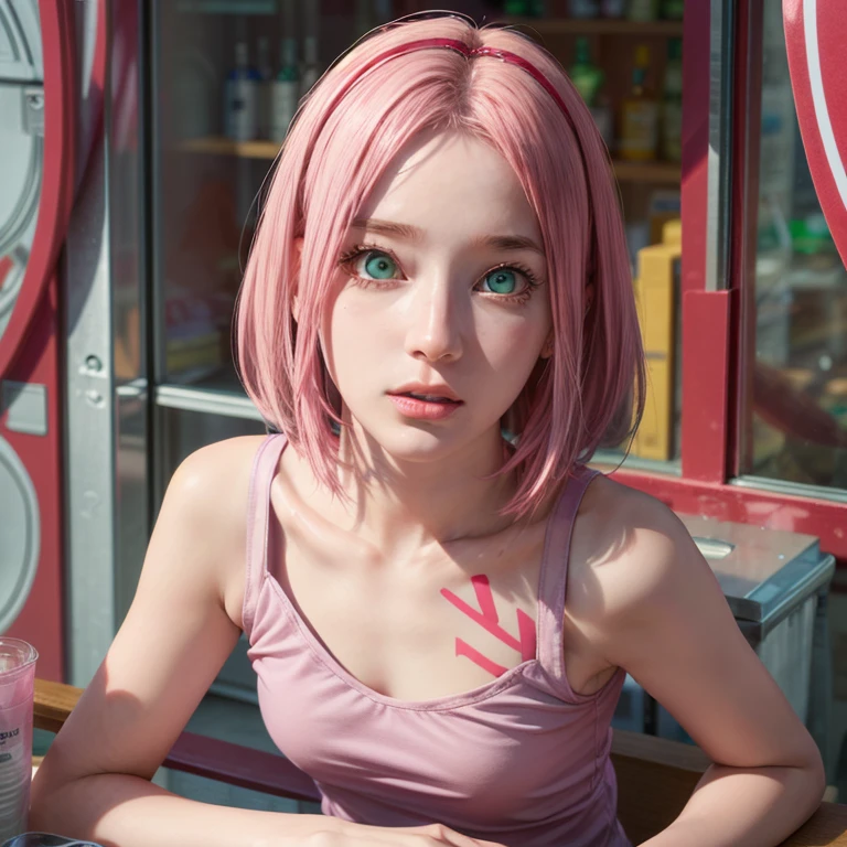 young woman, short shoulder-length pink hair, wide forehead, porcelain skin, pink eyebrows, big emerald green eyes, buttoned nose, full lips, heart-shaped face, slender body, small breasts, red tank top, Sakura Haruno , realistic, realism, details, 3d, well detailed

