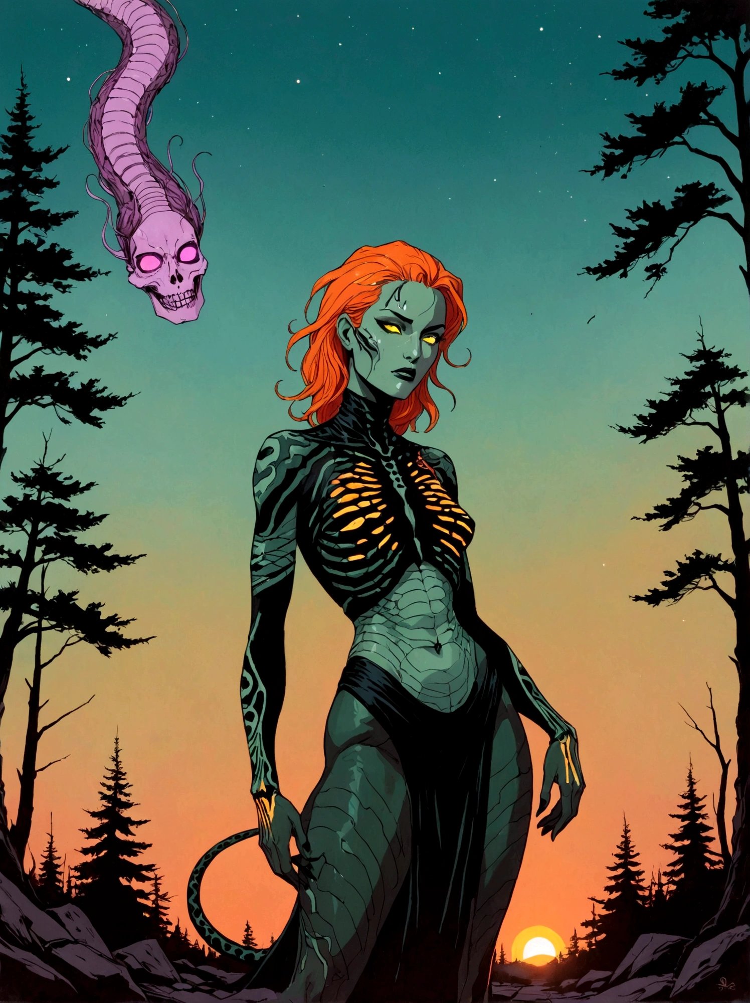 Medusa, comic panel, candid,((art style "Sean Gordon Murphy" comic drawing, splash panel)), snake skin dress, (background, pine barrens, entropy, rewilding, magic hour nautical twilight), body drawn in Frederic Delavier musculature anatomical illustration art style, (face, ornate black metal corpse paint, resembles Grace Jones), silhouette, full body portrait, (body, Naga, snakefolk, lower body snake tail, snake woman hybrid, bald, hairless, skeleton, snake skin tattoos, piercing eyes, snake pupils), craftsmanship nuance, full body portrait, (colors, forest green to earth brown, merge bleak muted deep fiery radiant glowing CMYK hues, (horror, abstract, surreal, body, cosmic), (art style Gerardo Zaffino charcoal), double exposure, optical illusion, nyctophobia, subliminal orchids, unfinished,