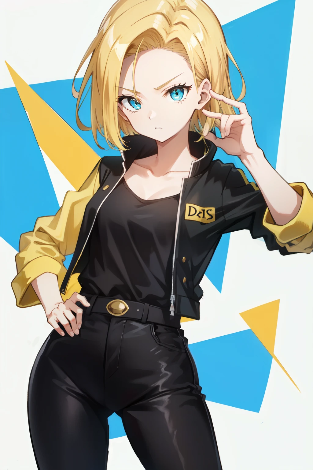 Android 18, seios grandes, fundo totalmente branco, esportes bem, olhando para o espectador, cabelo curto, Sozinho, decote, cabelo loiro, black leggings, black top, olhos azuis, boca fechada, joia, 1 garota, brincos, corar, jaqueta, fundo simples, black and yellow jaqueta, clavicle