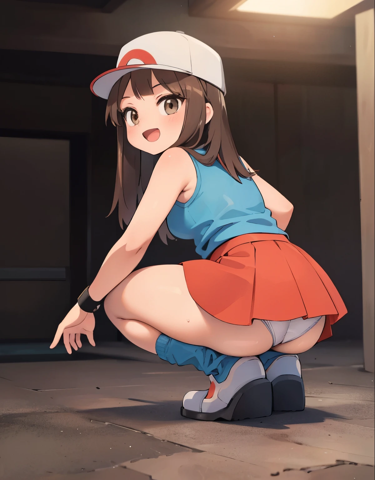 (best quality,4k,8k,highres,masterpiece:1.2),ultra-detailed,(realistic,photorealistic,photo-realistic:1.37)highres,portrait,beautiful girl, ultra-detailed, realistic:1.37, sketches, 1trainerleaf1, full body, sleeveless shirt, black wristbands, visible thighs,red skirt,blue shirt, loose socks, white footwear,sexy pose, big ,smile,upskirt,white panties,brown hair, hat, brown eyes,beautiful detailed eyes,long lashes,beautiful eyes, anime style eyes, perfect hands, dinamic pose, loved look, open mouth, sticking out tongue, smile, encanto femenino, pokeballs, a girl crawling inside a ventilation tunnel, view from behind, detailed face and hands, extremely realistic, 8K, highly detailed, photorealistic, intricate details, ambient occlusion, cinematic lighting, dramatic shadows, moody atmosphere, warm color tones, beautiful texture, intricate mechanical patterns, claustrophobic environment, dramatic lighting, intense detail, hyper-realistic, cinematic camera angle, depth of field, high quality, masterpiece