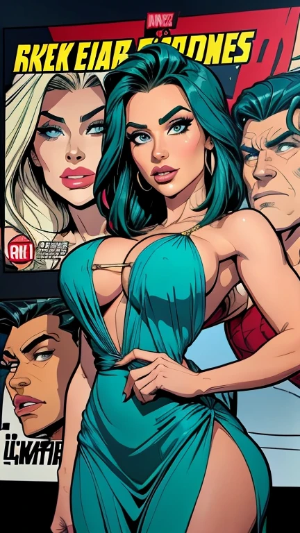 .mulher de 21 anos , cabelo longo e liso em tom ruivo, olhos azuis brilhantes e expressivos, ela optou por um elegante vestido preto. saque, peituda. Comic style. Quadrinhos da Marvel