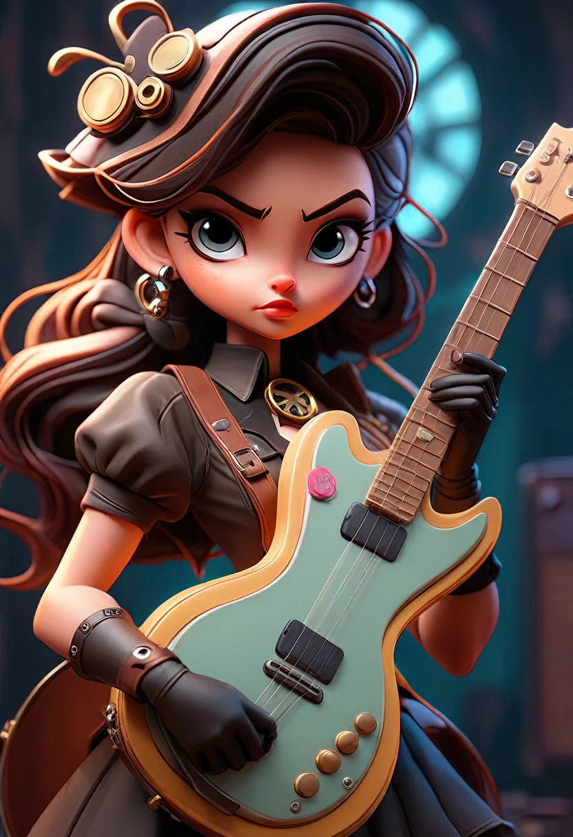 Steampunk style JK girl,Holding a huge guitar,There is a blurry black shadow standing behind me,beautiful,Celluloid style,Flat coating,HD,3D,comics,8K,high quality,illustration,Vaporwave style,Rim Light,light,Super detailed,complicated,overclocked renderer,