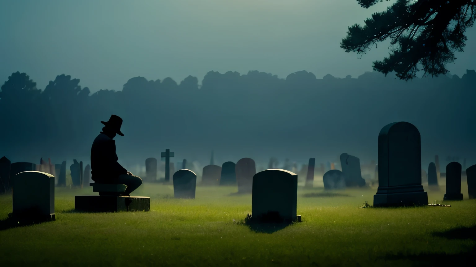 A photographic depiction of a gravedigger encountering a ghostly boy with an old soccer ball, sitting on a tomb in a Louisiana cemetery. The boy wears a tattered soccer uniform, and the scene captures the moment the gravedigger sees him. The cemetery is lush and green, with detailed tombstones and a serene, misty atmosphere. Soft, ambient lighting highlights the ghostly figure. Created Using: high dynamic range photography, soft focus, mist effects, natural colors, film grain texture, low angle shot, atmospheric perspective, hd quality, natural look