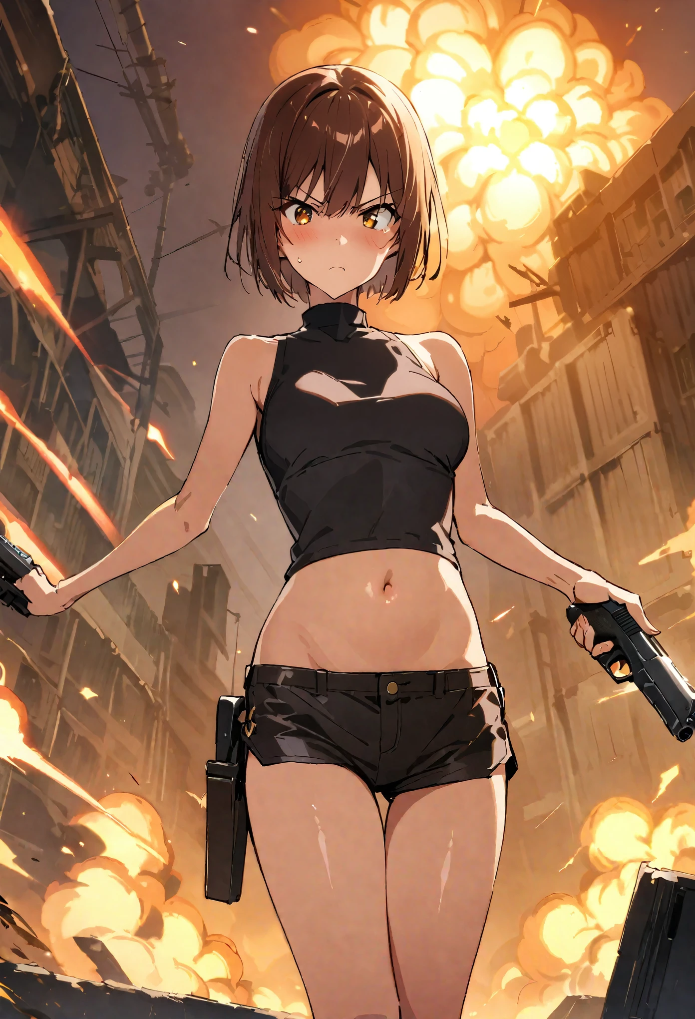 takeda hiromitsu style,Gunfight、(((masterpiece, highest quality:1.3,absurdres))),cowboy shot,20 year old beauty,Sniper、solo,((very small head)),short bob hair,bangs,dark brown hair,brown eyes,blush,Serious expression、medium breasts,((very long body)),((slender body)),skinny,gleaming skin,shiny skin, Black turtleneck、No sleeve、Crop length、navel、Black micro mini shorts、Black combat boots、Holding a handgun in your hand、(Firing stance、Shoot a gun、Detailed handgun),explosion、Abandoned Factory、Tokyo、at night、moonlight、