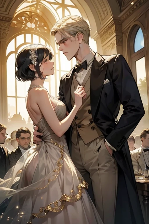 A classic American novel, set in the Roaring Twenties, portrays the elusive pursuit of wealthy socialite Jay Gatsby as he longs to reunite with his cherished, yet distant, past love, Daisy Buchanan. Surrounded by an opulent and decadent backdrop of excessive wealth and moral decay, this timeless tale unfolds with intricate details.
Gatsby's finely tailored suits and polished demeanor belie the turmoil within, as his longing gaze lands on Daisy, who stands before him, an enigmatic figure draped in a chiffon dress that shimmers under the gentle glow of the well