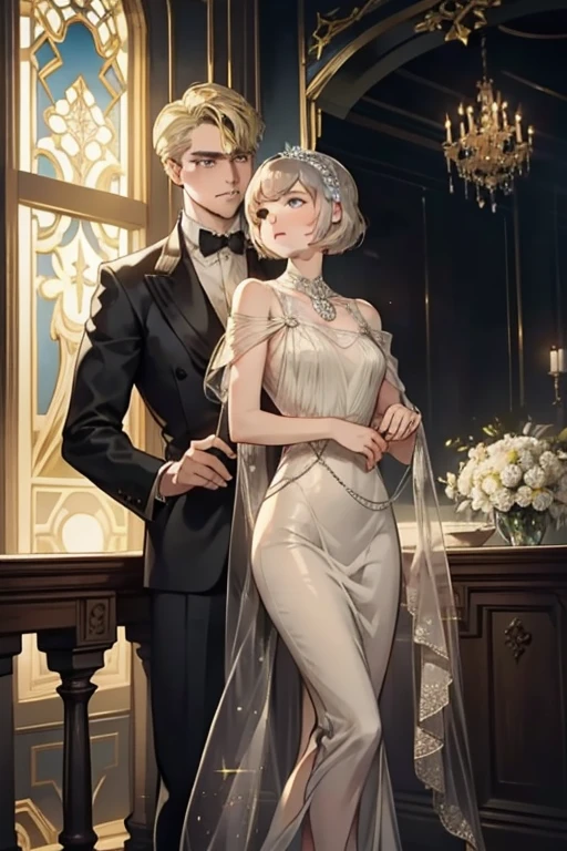 A classic American novel, set in the Roaring Twenties, portrays the elusive pursuit of wealthy socialite Jay Gatsby as he longs to reunite with his cherished, yet distant, past love, Daisy Buchanan. Surrounded by an opulent and decadent backdrop of excessive wealth and moral decay, this timeless tale unfolds with intricate details. 

Gatsby's finely tailored suits and polished demeanor belie the turmoil within, as his longing gaze lands on Daisy, who stands before him, an enigmatic figure draped in a chiffon dress that shimmers under the gentle glow of the well
