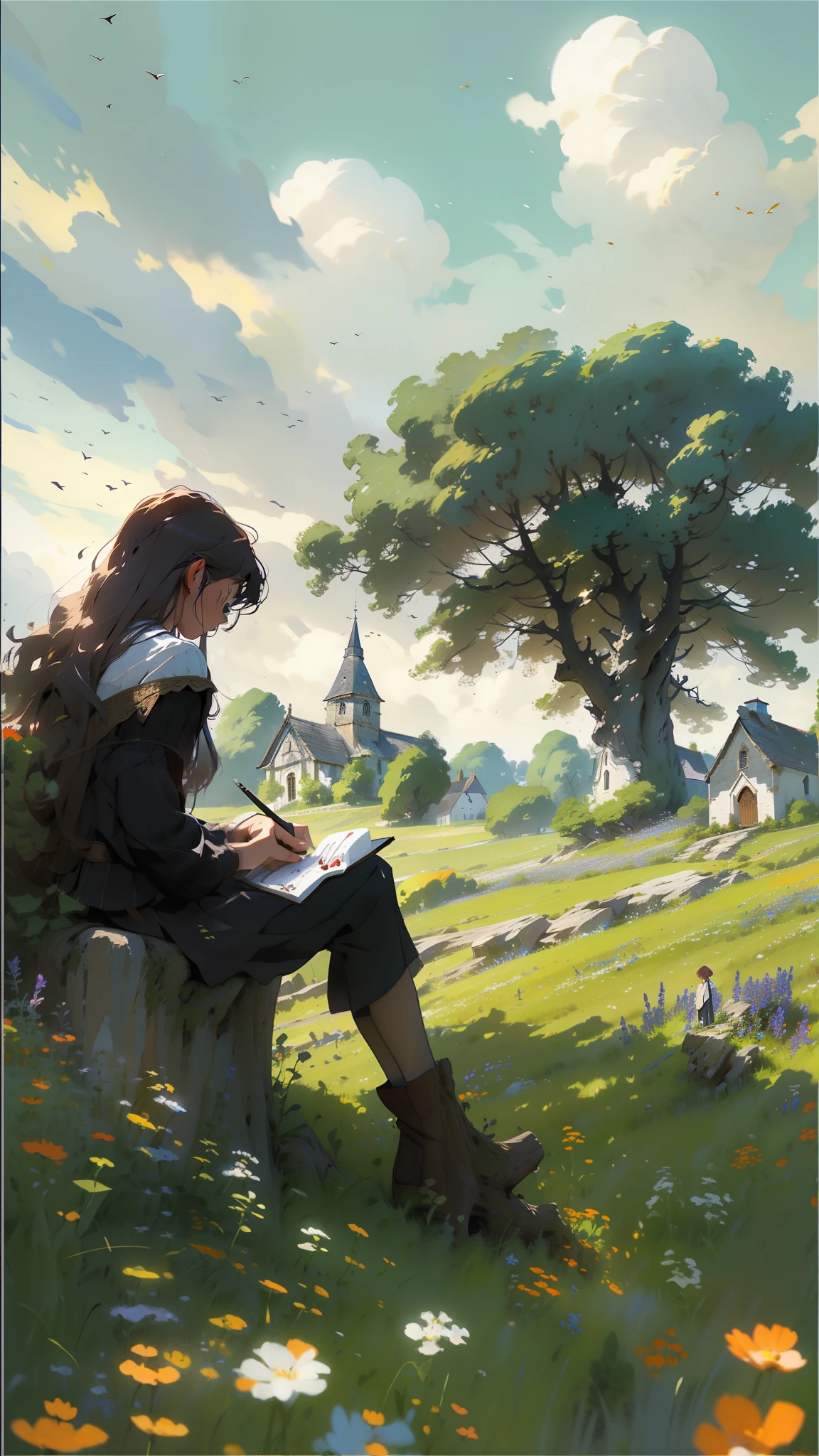 A lone ager sketching a majestic old oak tree in a field of wildflowers, with a quaint village church steeple visible in the distance. English countryside, peaceful, serene, detailed.