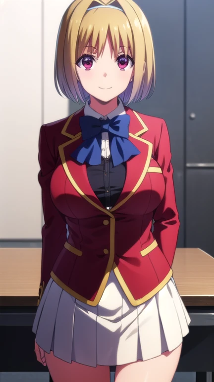 kikyoukushida, kikyou kushida, short hair, blonde hair, (red eyes:1.3), hairband, hair intakes, smile,
BREAK shirt, long sleeves, bow, , jacket, white shirt, bowtie, blue bow, blazer, (red blazer:1.5),
BREAK indoors, classroom,
BREAK looking at viewer, (cowboy shot:1.5),
BREAK (masterpiece:1.2), best quality, high resolution, unity 8k wallpaper, (illustration:0.8), (beautiful detailed eyes:1.6), extremely detailed face, perfect lighting, extremely detailed CG, (perfect hands, perfect anatomy),