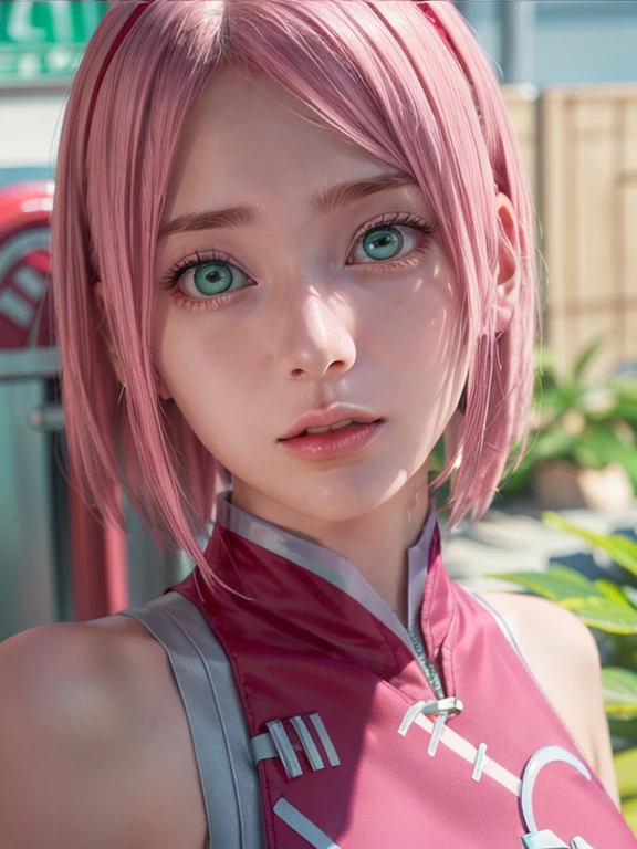 young woman, short shoulder-length pink hair, wide forehead, porcelain skin, pink eyebrows, big emerald green eyes, buttoned nose, full lips, heart-shaped face, slender body, small breasts, red tank top, Sakura Haruno , realistic, realism, details, 3d, well detailed
