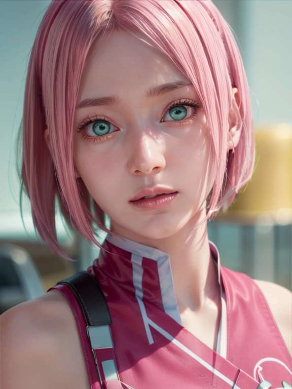 young woman, short shoulder-length pink hair, wide forehead, porcelain skin, pink eyebrows, big emerald green eyes, buttoned nose, full lips, heart-shaped face, slender body, small breasts, red tank top, Sakura Haruno , realistic, realism, details, 3d, well detailed