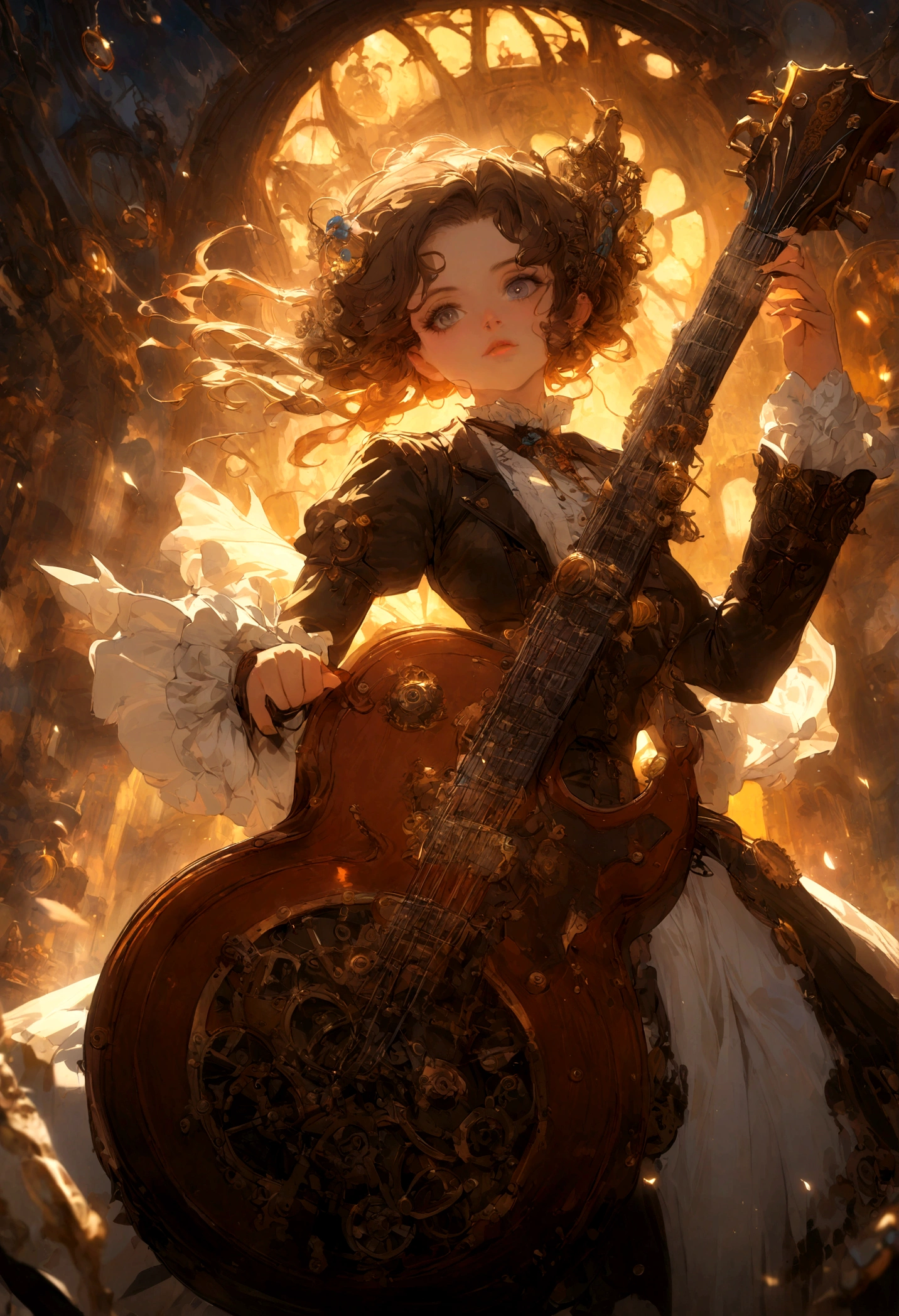 Steampunk style JK girl holding a huge guitar