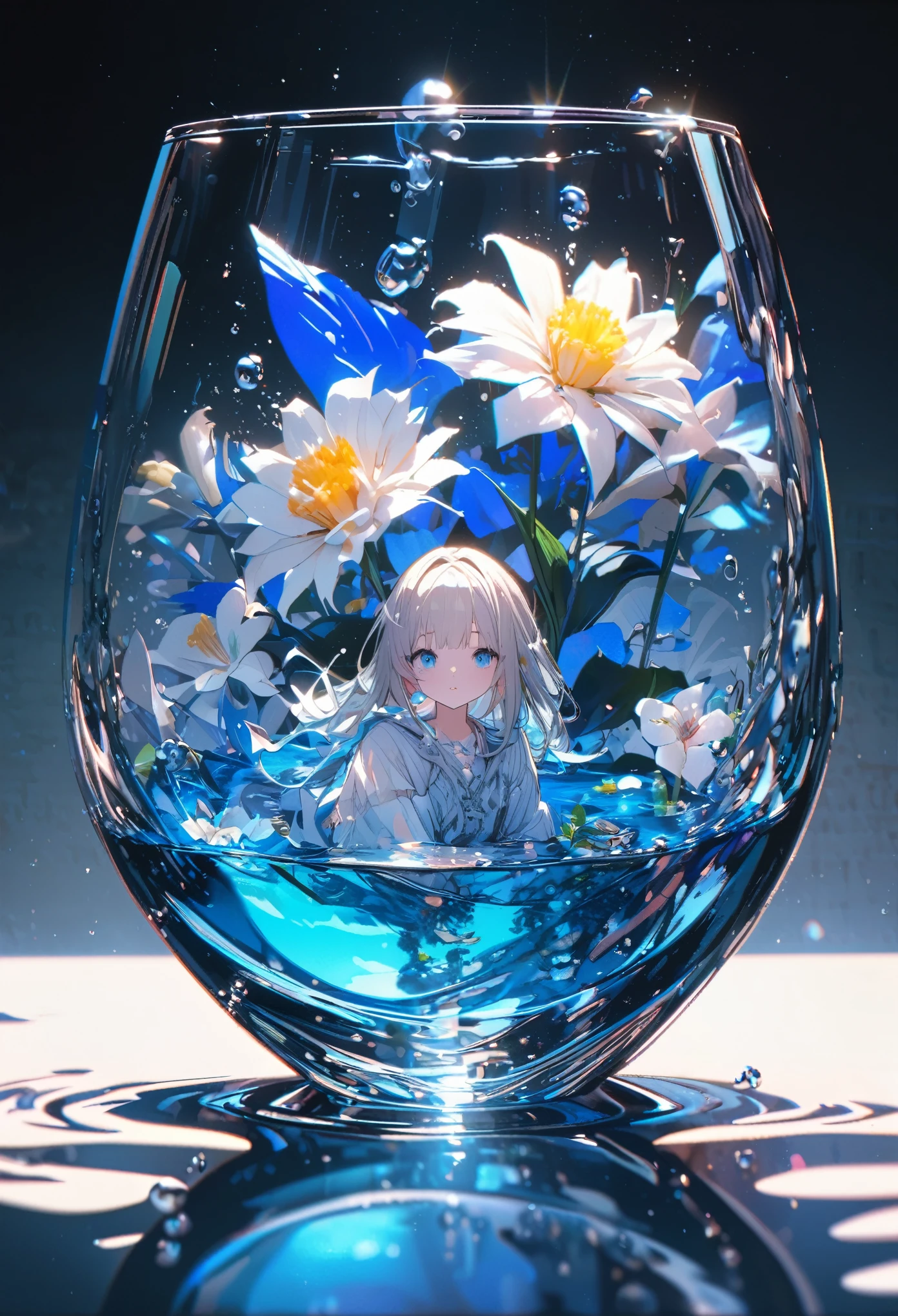 ultra detailed, 8k, angelic, a glass, water in glass, flower in glass, bubble, right blue water, cool, bright
