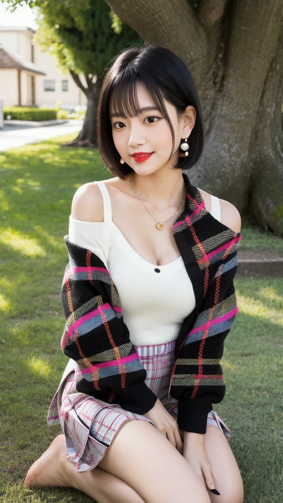 (8k, Photorealistic, Raw photo, Highest quality: 1.4),Japanese idol-style beautiful girl,1 person,18-year-old,Hairstyle(Very Short Bob,Black),She has her hair tucked behind her ears,Wear a small pearl earring in your ear,Big, clear grey eyes,Long eyelashes,Plump Cheeks,She has pink lipstick on her lips,Apply gloss over your lipstick for glossy, plump lips,Smiling,A short pendant is hanging around her neck,Blackのマニキュアを両手の爪に塗っている,Blackのマニキュアを両足の爪に塗っている,(Off-shoulder summer knitwear(White :1.7)Wearing it on bare skin),I can see her cleavage,(Pleated skirt(Plaid,Black :1.7)Wear),(barefoot),(On the grass under the tree in the park),(Sit with your legs apart),Hands placed between legs,She is surrounded by the gentle sunlight filtering through the trees.,Angle from the front,whole body ports
