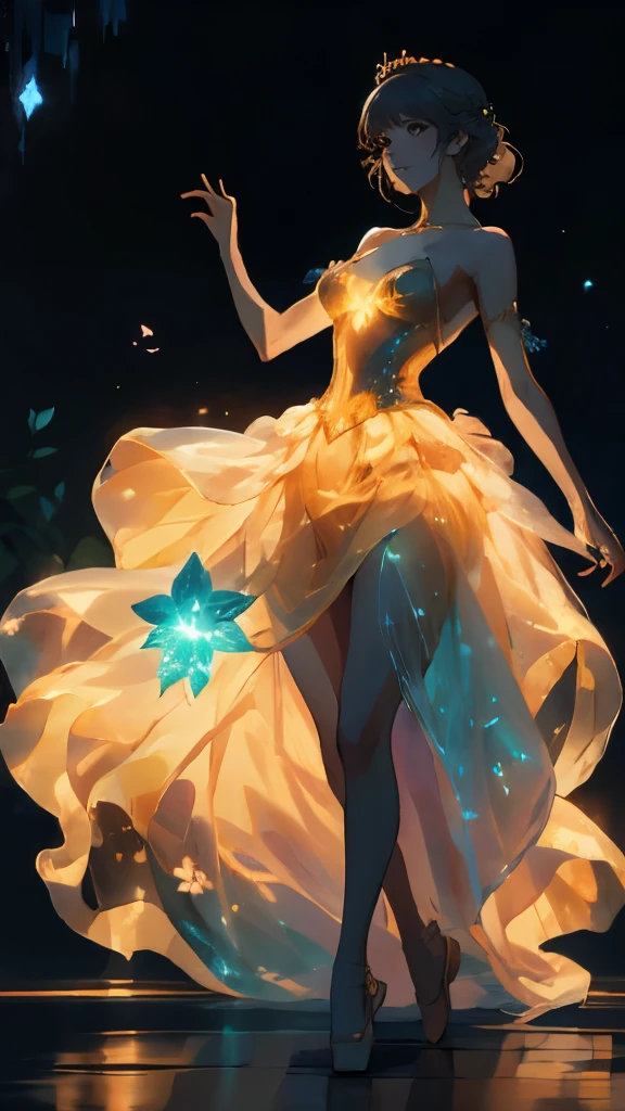 dancing princess, flowers, glowing outfit, dark background, detailed face, better hands